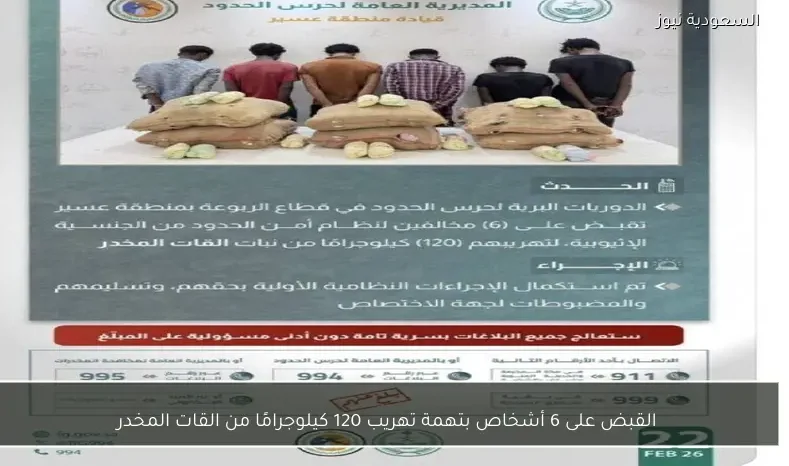 القبض على 6 أشخاص بتهمة تهريب 120 كيلوجرامًا من القات المخدر