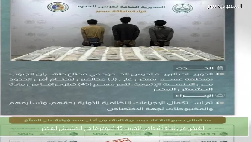 القبض على ثلاثة أشخاص لتهريب 45 كيلوغرامًا من الحشيش المخدر
