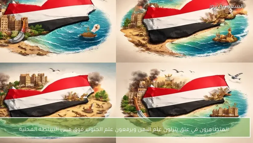 المتظاهرون في عتق ينزلون علم اليمن ويرفعون علم الجنوب فوق مبنى السلطة المحلية