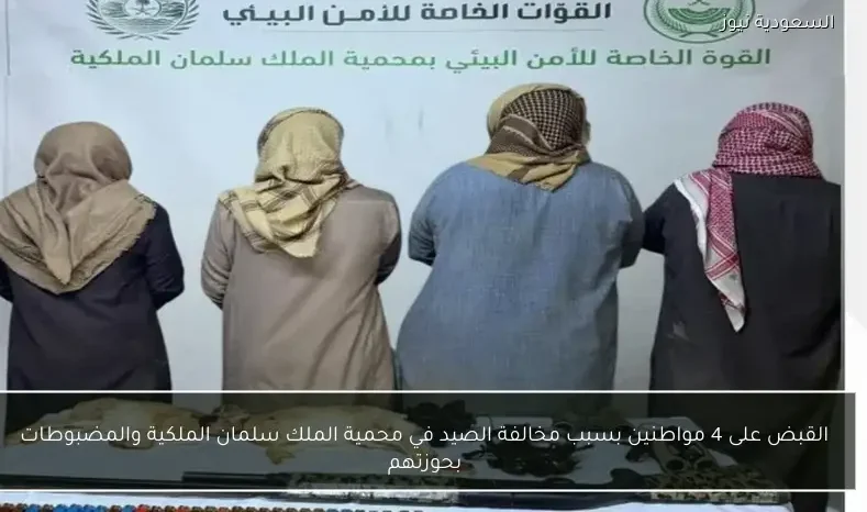 القبض على 4 مواطنين بسبب مخالفة الصيد في محمية الملك سلمان الملكية والمضبوطات بحوزتهم