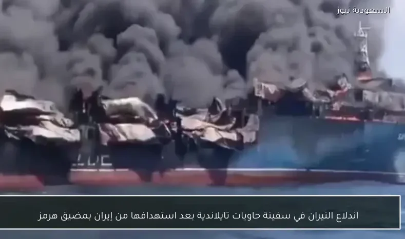 اندلاع النيران في سفينة حاويات تايلاندية بعد استهدافها من إيران بمضيق هرمز